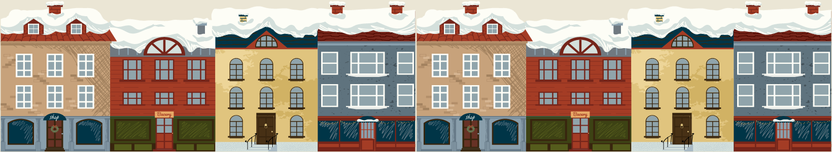 A row of drawn houses in banner style.